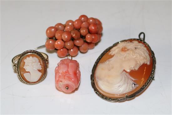 Coral brooch and ring and a cameo brooch and ring